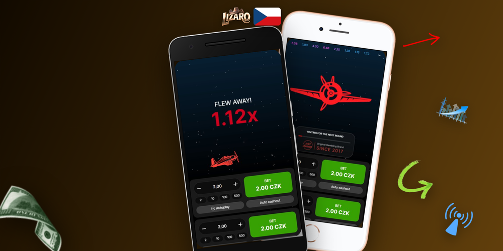 Rozhraní Aviator demo v Lizaro Casino s multiplikátorem 1.87x a dual bet panely