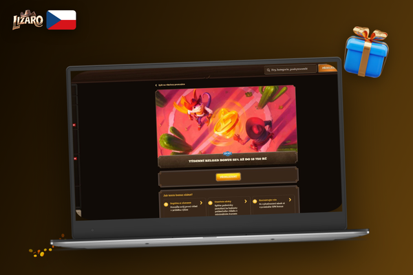 Notebook s registračním formulářem Lizaro Casino a polem pro voucher kód LIZAPLAY