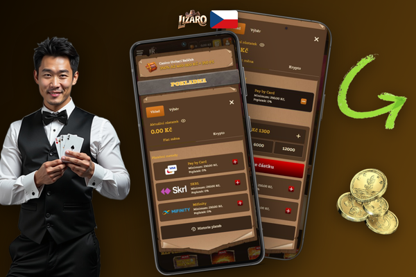 Rozhraní pokladny Lizaro Casino s minimálním vkladem 500 Kč a platebními metodami